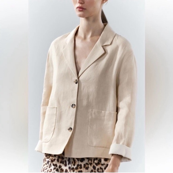 Zara 100% Linen Blazer Jacket Coat Beige Cream Neutral ZW Collection Size S - Picture 1 of 11